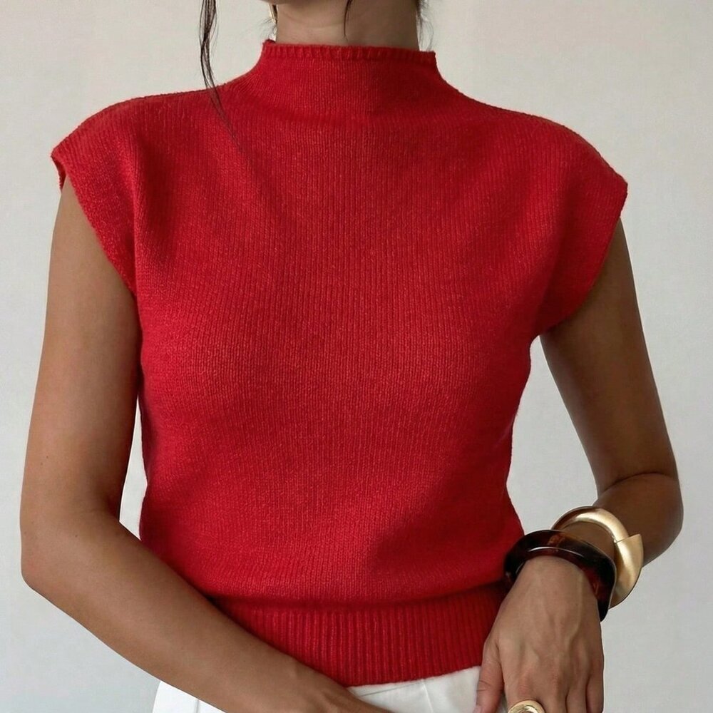 Red Casual Elegant Women's High Neck Knit Sleeveless Sweater Vest - Picture 7 of 7